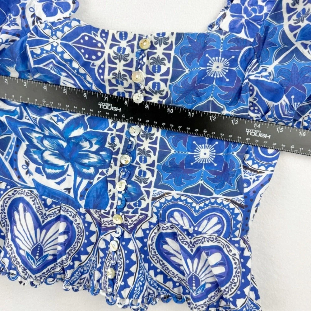 FARM Rio Blue Floral Patchwork Puff Sleeve Blouse